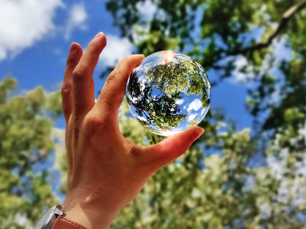 A hand holding a glass lens, raised towards the treetops and blue sky