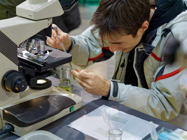 A young man at an optical microscope applying green liquid to a glass plate